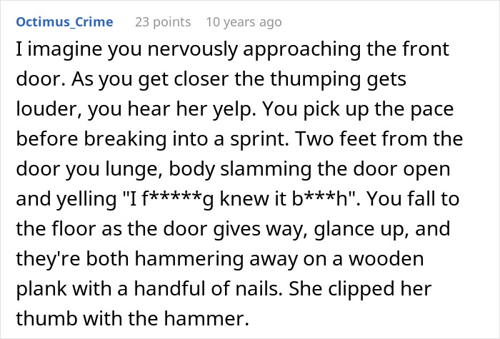 Comment text describing a tense scene where a best friend saw girlfriend with another man and checking email reaction.