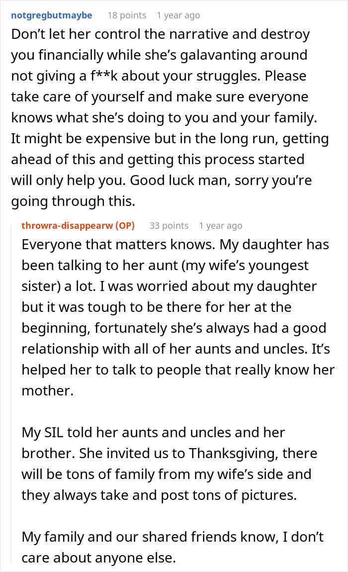Reddit comments discussing a woman leaving husband to find herself and going on their dream trip alone.