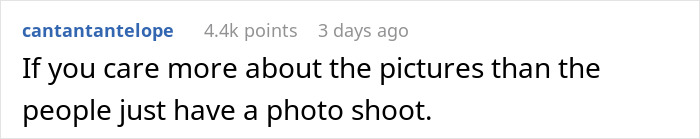 Comment discussing prioritizing pictures over people during a wedding photo shoot in 102°F heat without water bottles. Comment discussing prioritizing pictures over people during a wedding photo shoot in 102°F heat without water bottles.