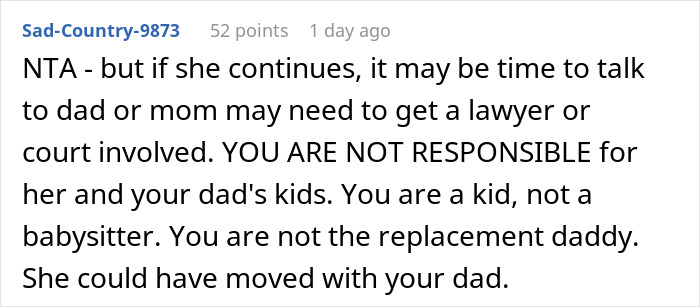 Screenshot of an online comment discussing teen&rsquo;s dad going AWOL and stepmom expecting help with half siblings.