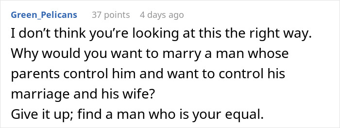 Comment from Green_Pelicans advising to find an equal partner amid in-laws demanding woman quit job for emasculating son. - 42