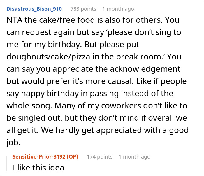 Comment thread discussing annoyed worker birthday cake etiquette, focusing on casual recognition and shared food in the break room. - 19