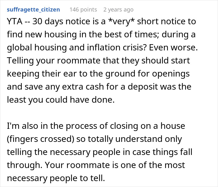 Reddit comment discussing the challenges and importance of not telling roommate bought house until closed.