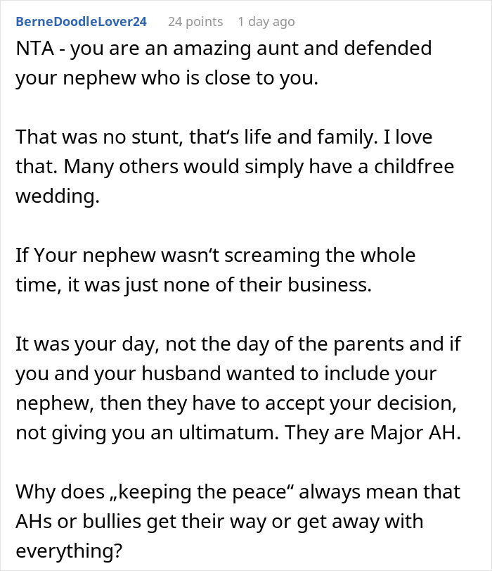Comment defending bride for including autistic nephew despite groom’s parents calling her self-centered brat. Comment defending bride for including autistic nephew despite groom’s parents calling her self-centered brat.
