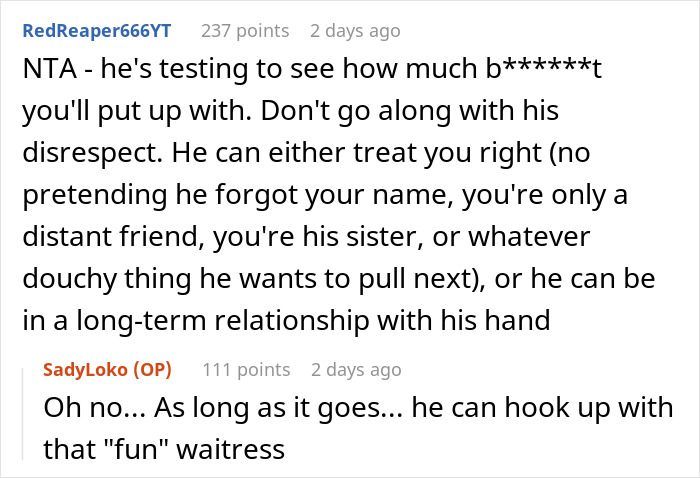 Screenshot of a Reddit conversation discussing a man calling his girlfriend sister as a test of disrespect boundaries.