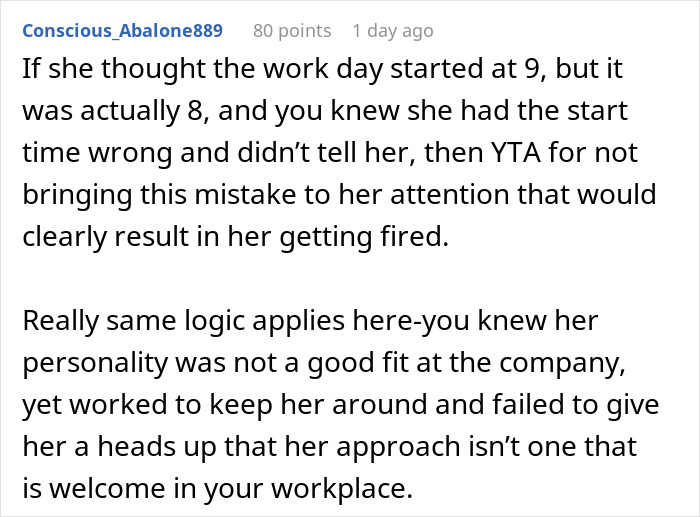 Reddit comment discussing responsibility in not telling a friend about getting fired, leading to her termination.