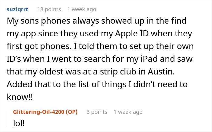 Screenshot of a forum post discussing mil tracking app son and issues with shared Apple IDs and phone location.