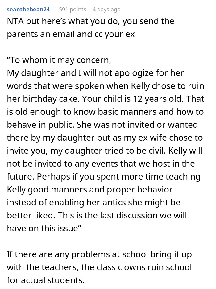 Screenshot of a forum post discussing a mom’s response to an unwanted guest ruining her daughter’s party. Screenshot of a forum post discussing a mom’s response to an unwanted guest ruining her daughter’s party.
