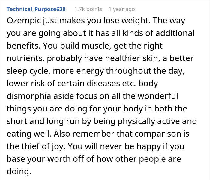 Comment discussing the impacts and benefits of Ozempic use, including weight loss and improved health aspects.