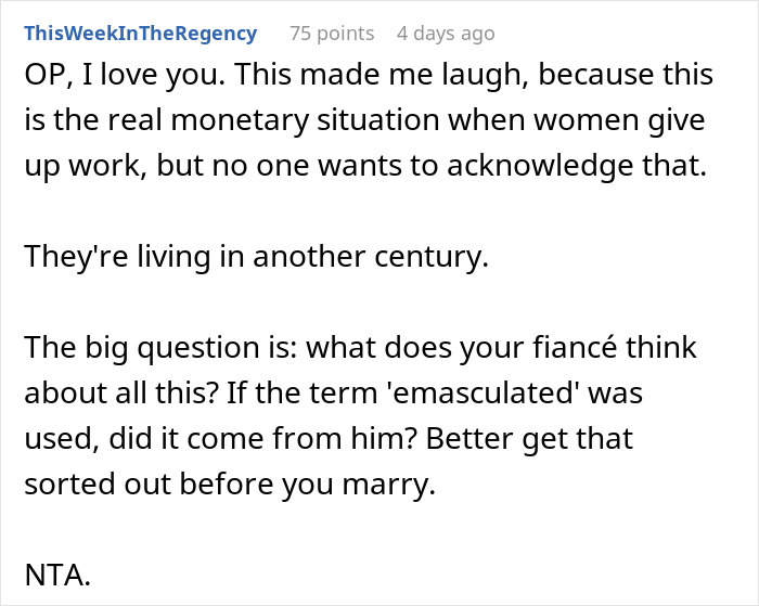 Screenshot of a forum comment discussing in-laws demanding woman quit job for emasculating their son and her response. - 28