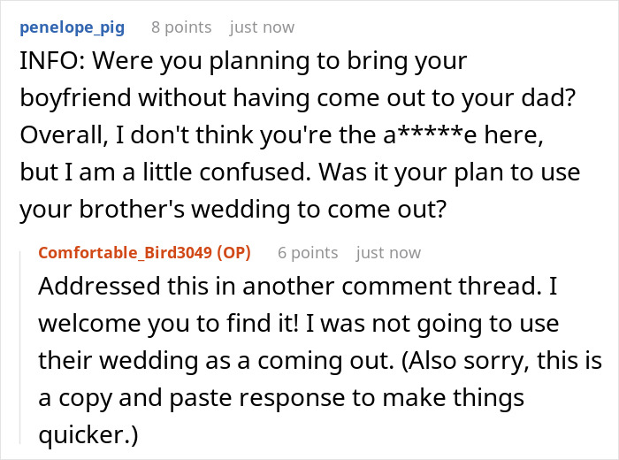 Reddit comments discussing a gay man attending his twin&rsquo;s wedding with partner and the invitation confusion.