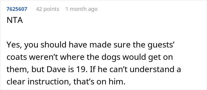 Comment discussing a woman refusing to replace nephew&rsquo;s jacket damaged by dog&rsquo;s accident after he ignored warnings.