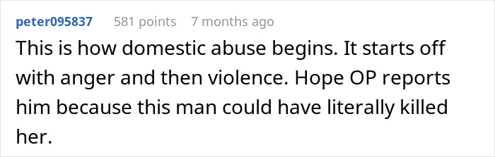 Comment discussing how domestic abuse begins with anger and violence, highlighting the risk of physical violence and safety concerns. - 32