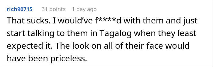 Screenshot of a forum comment describing a story about a guy’s family trashing his fiancé, unaware she understands their language.