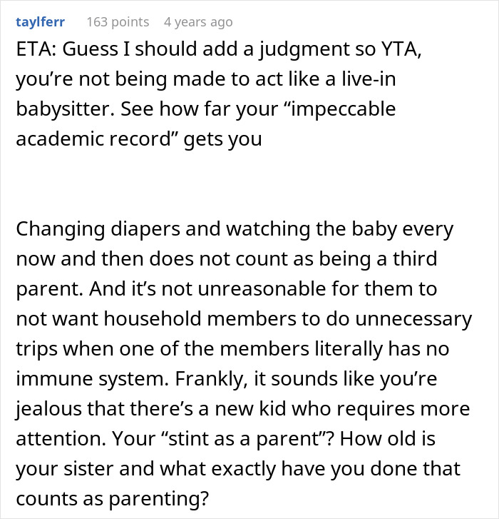 Commenter discussing teen refusing to act as live-in babysitter, debating responsibility and parenting roles in family dynamics. - 27