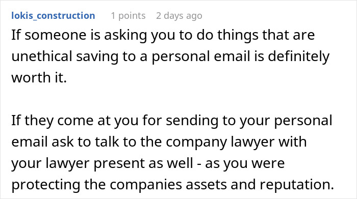 Text of a user warning about unethical requests to fudge data and advising to involve a company lawyer for protection.