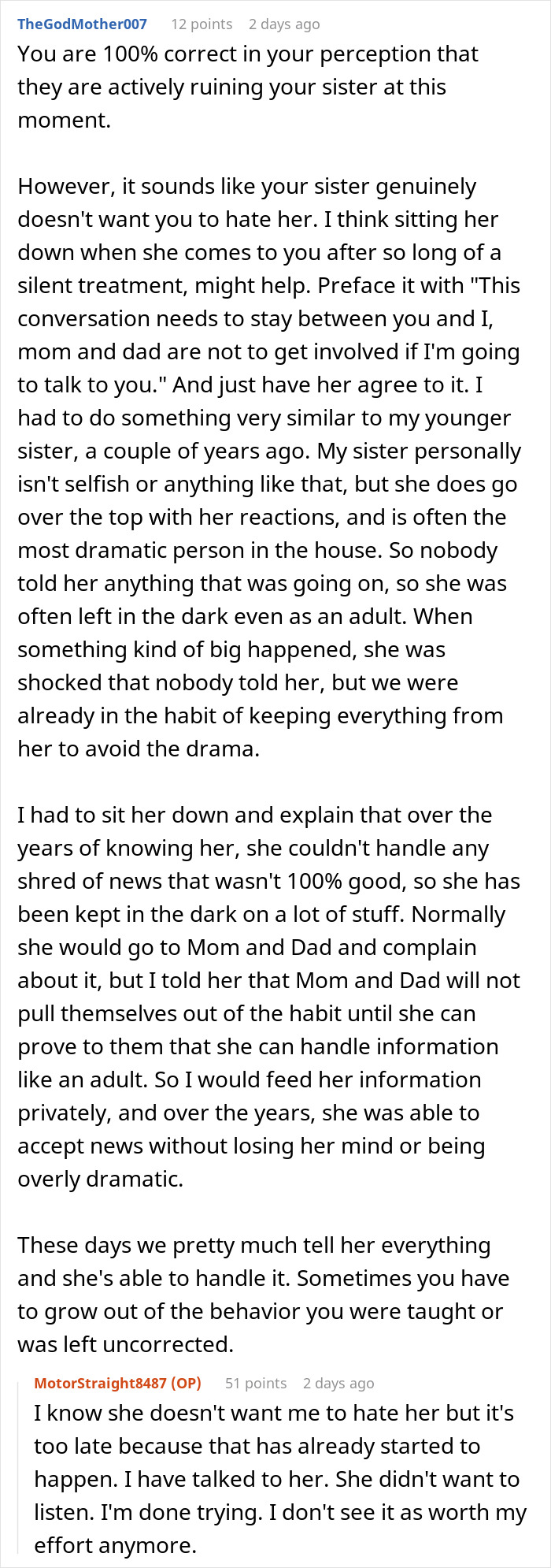 Reddit conversation discussing sibling drama involving a golden child stealing gifts and ruining birthday celebrations.