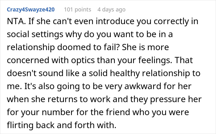 Comment discussing a man publicly demoted to friend by his girlfriend and his confident flirty bachelor response.