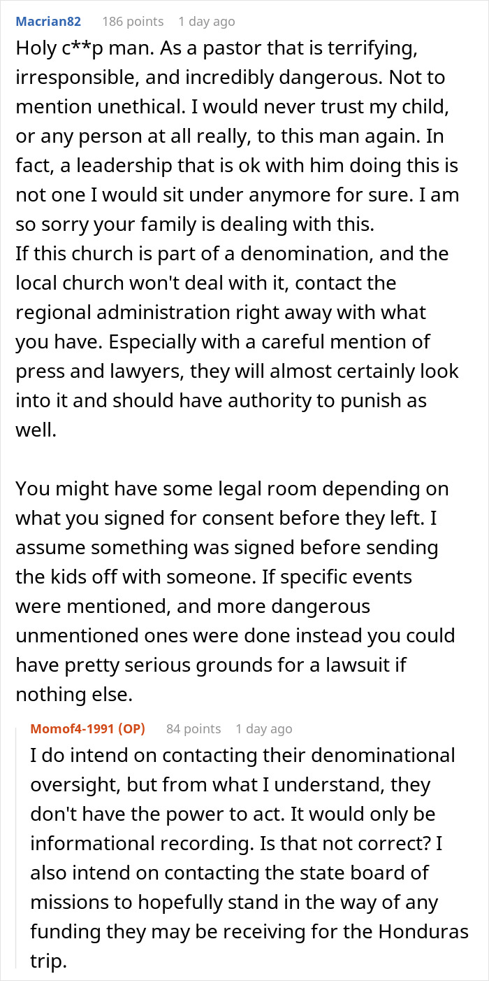 Comment discussion about church camp concerns, focusing on daughter church camp Houston safety and legal advice.
