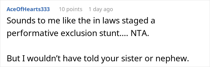 Screenshot of a forum comment discussing groom’s parents calling bride self-centered over autistic nephew inclusion dispute. Screenshot of a forum comment discussing groom’s parents calling bride self-centered over autistic nephew inclusion dispute.