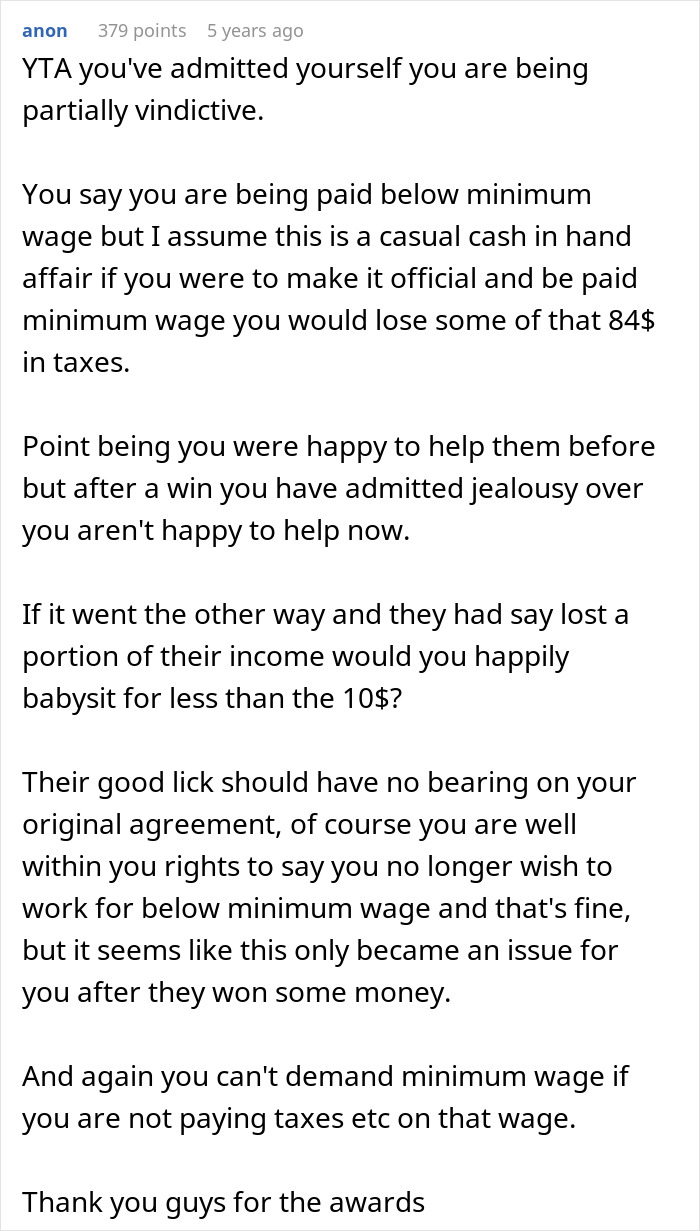 Text comment discussing disappointment over friend not paying more for babysitting after lottery win and related jealousy concerns. - 39