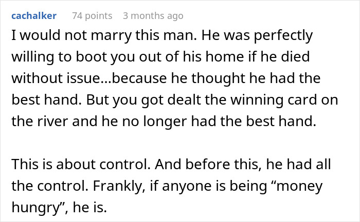 Comment discussing a man demanding prenup and losing control after woman secures 7-figure insurance in relationship dispute.