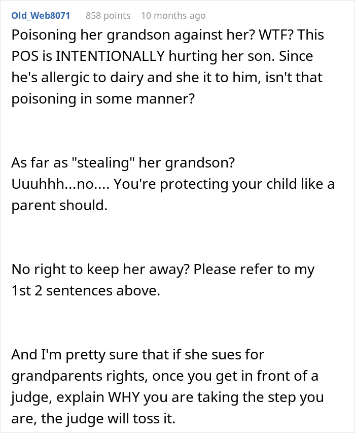 Comment discussing caregiver allergy incidents and family backlash after woman replaces MIL as caregiver to protect grandson.