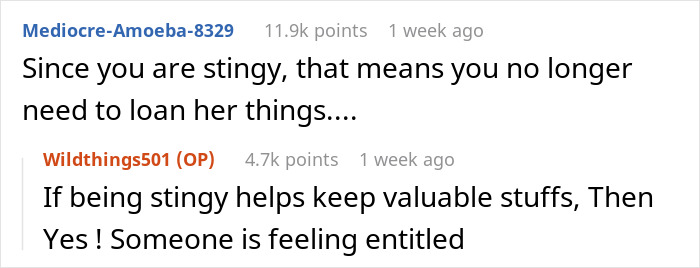 Screenshot of a social media exchange discussing a lady who borrows everything and expects neighbor to cover her $85 grocery bill. Screenshot of a social media exchange discussing a lady who borrows everything and expects neighbor to cover her $85 grocery bill.