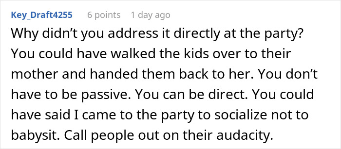Screenshot of a comment about a woman leaving a friend’s party without saying goodbye after being used as a babysitter. - 35