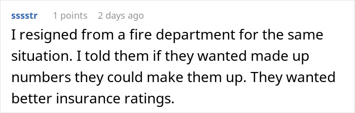 Screenshot of a user comment sharing experience about refusing to fudge data for better insurance ratings in a fire department.
