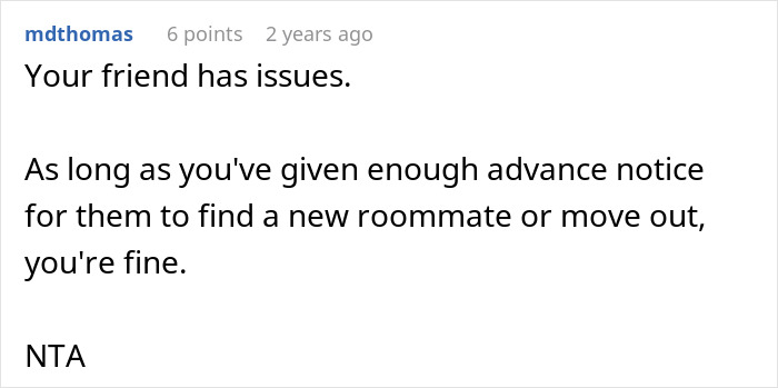 Comment discussing not telling roommate about buying house until closed and needing advance notice to move out.