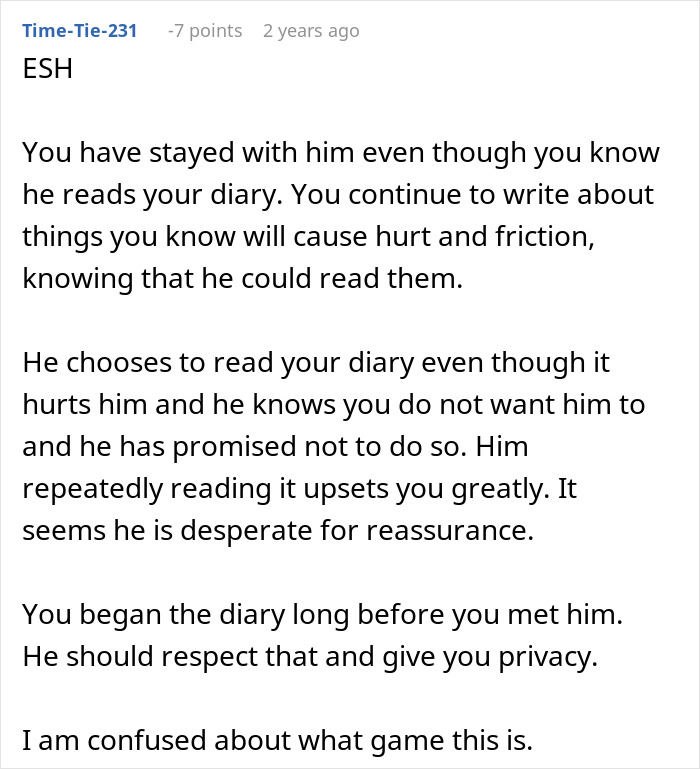 Comment discussing a man reading his wife's diary behind her back and the emotional impact of the breach of privacy. Comment discussing a man reading his wife's diary behind her back and the emotional impact of the breach of privacy.