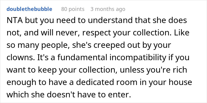 Text from Reddit comment discussing incompatibility over huge clown collection and partner's dislike causing relationship issues. Text from Reddit comment discussing incompatibility over huge clown collection and partner's dislike causing relationship issues.