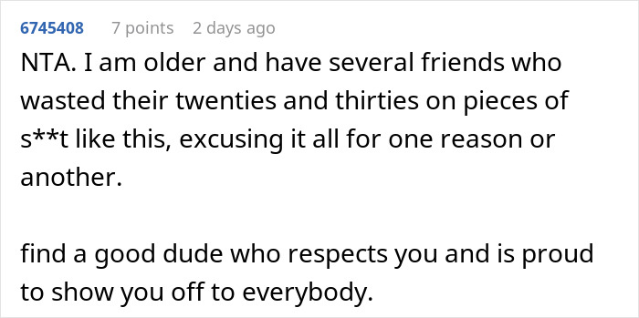 Comment from user expressing advice about not wasting time on bad relationships, related to man calls his girlfriend sister topic.