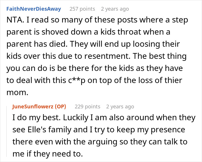Reddit comments discussing step parent struggles and aunt refusing to erase late wife from kids’ lives. Reddit comments discussing step parent struggles and aunt refusing to erase late wife from kids’ lives.