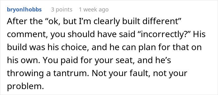 Comment discussing man invading woman&rsquo;s space after she declines seat swap, highlighting modern times victim claim.