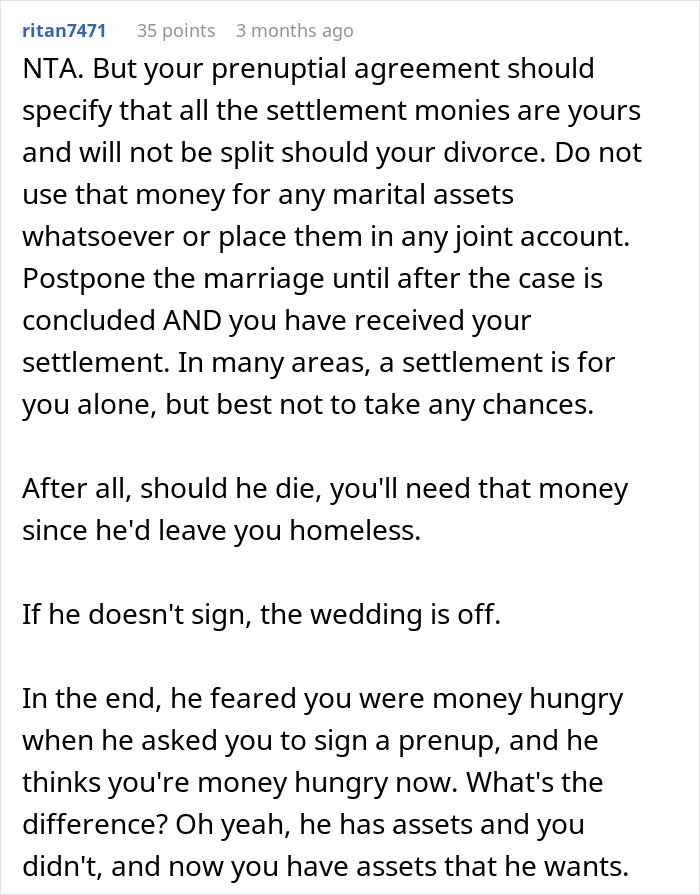 Reddit comment discussing prenuptial agreement advice after woman secures seven-figure insurance policy.
