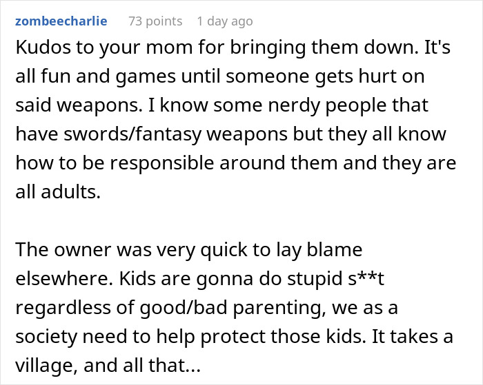 Comment praising a mom for closing a gaming store after selling swords to her son, discussing responsibility and parenting. - 36