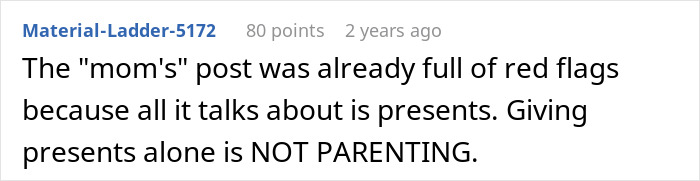 Comment criticizing a manipulative mom-daughter story drama for focusing only on gifts and ignoring true parenting. - 75