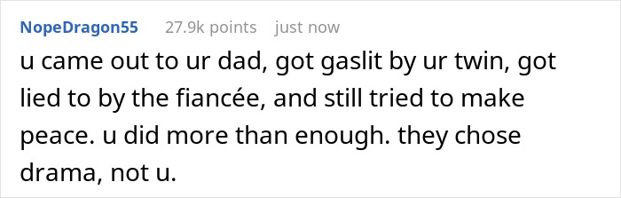 Screenshot of a Reddit comment about a gay man dealing with family drama around his twin&rsquo;s wedding invitation.