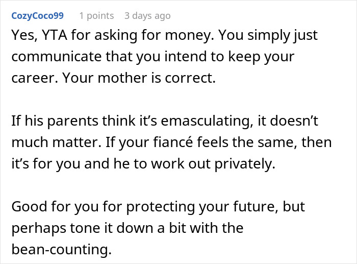 Screenshot of a Reddit comment discussing in-laws demanding a woman quit her job for emasculating their son. - 48