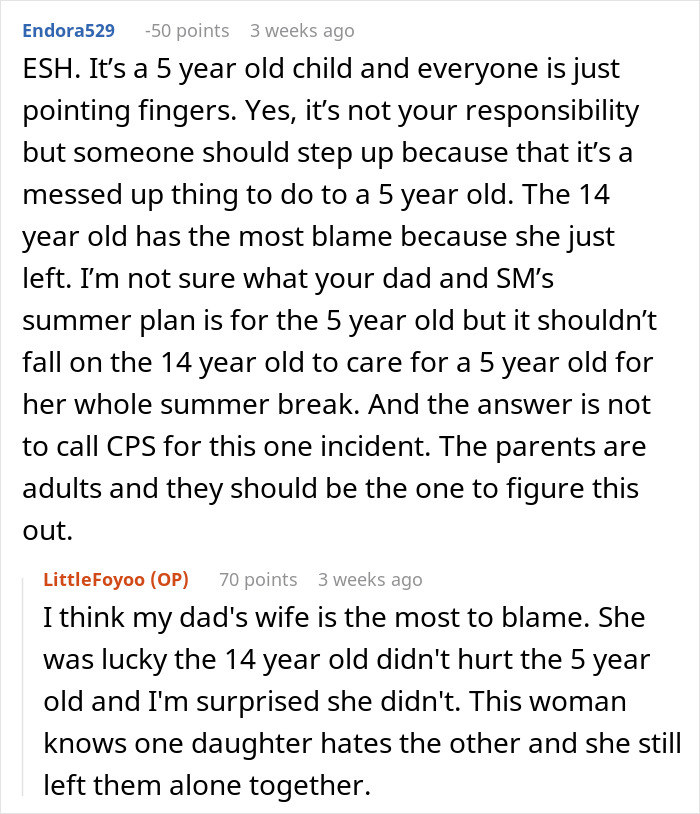 Comments discussing a teen refusing to babysit a 5-year-old alone during an emergency situation. - 19