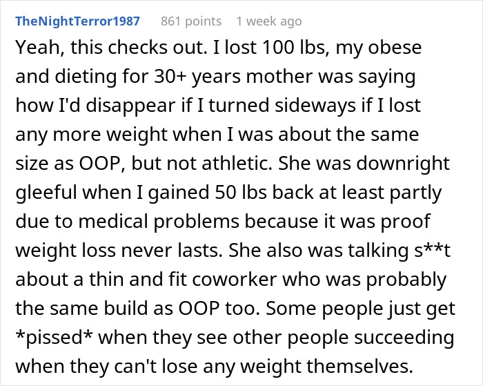 Comment text discussing weight loss struggles and reactions, related to guy nagging girlfriend about starving and eating more.