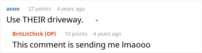 Screenshot of an online comment showing parents treating neighbor&rsquo;s driveway like their own backyard causing homeowner frustration.