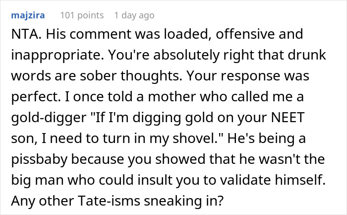Screenshot of an online comment discussing husband jokes and a wife's strong, brutal reality check in a social setting.