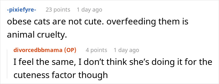 Online discussion about severely overweight cat and concerns over overfeeding and animal cruelty. - 27