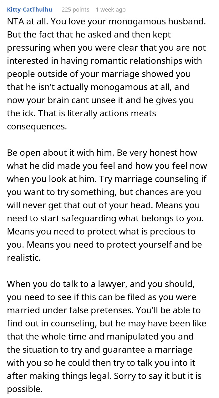 Screenshot of a forum comment discussing heartbreak and challenges after husband suggests polyamory in marriage. - 28