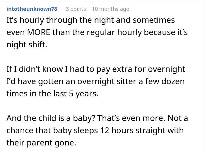 Comment discussing hourly pay rates for overnight nanny shifts and challenges of babysitting a baby through the night - 32