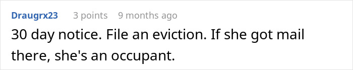Comment advising filing eviction notice for aunt living rent-free after man inherits house in family drama situation.