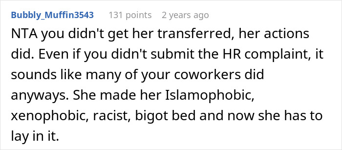 Screenshot of a Reddit comment discussing a woman displaying blatantly Islamophobic behavior toward a Muslim coworker.